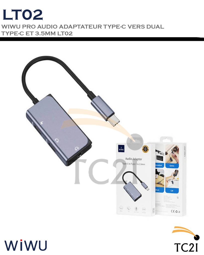 WIWU PRO AUDIO ADAPTATEUR TYPE-C VERS DUAL TYPE-C ET 3.5MM LT02